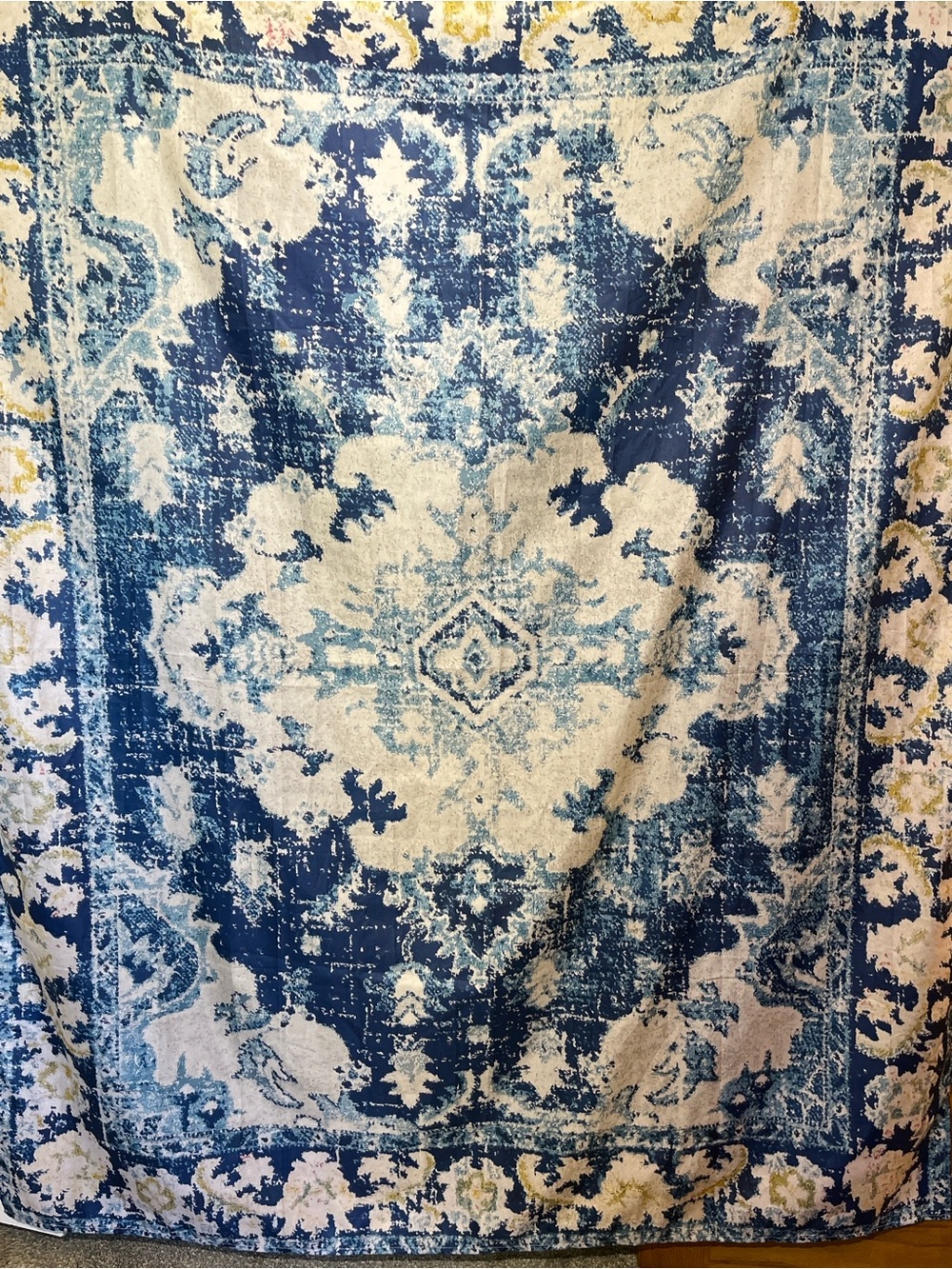 Blue and Cream Vintage-Style Shower Curtain with Distressed Medallion 60Wx 72L